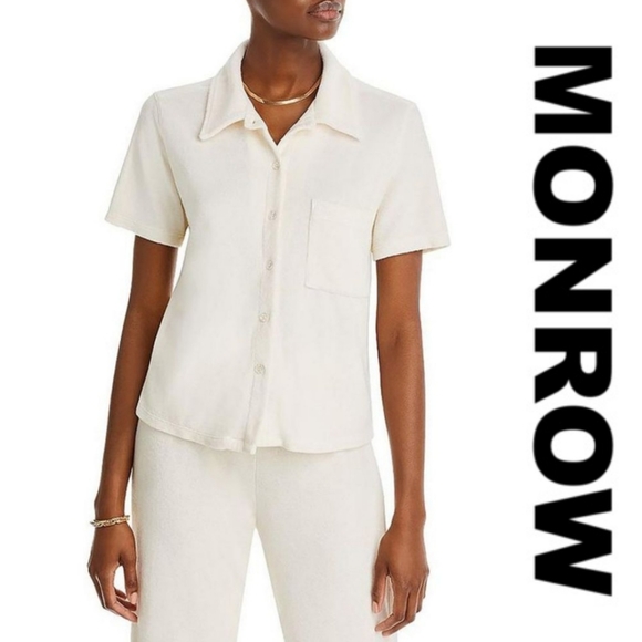 🆕️ Monrow Terry Cloth Collared Pocket Button Down Top - Picture 1 of 11
